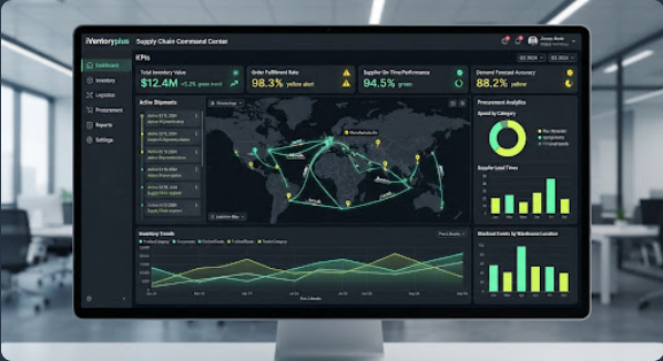 Supply chain command center dashboard on a monitor