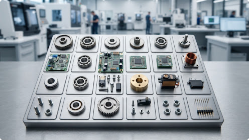 Industrial parts and precision components arranged on a board